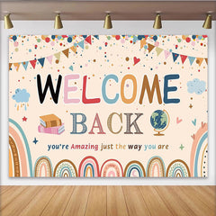 Lofaris Colorful Welcome Back to School Backdrop with Rainbows and Books, Fun Party Decoration for Classroom Photography
