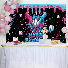 Lofaris Pink and Blue Dripping Paint Baseball Birthday Backdrop, Vibrant Sports Theme Background for Kids Party Photography