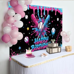 Lofaris Pink and Blue Dripping Paint Baseball Birthday Backdrop, Vibrant Sports Theme Background for Kids Party Photography
