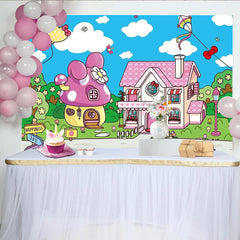Lofaris Pink Cartoon Birthday Backdrop with Mushroom House and Bows, Whimsical Landscape Background for Kids Party Decoration