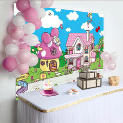 Lofaris Pink Cartoon Birthday Backdrop with Mushroom House and Bows, Whimsical Landscape Background for Kids Party Decoration