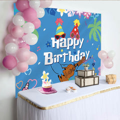 Lofaris Tropical Music Birthday Backdrop with Palm Trees and Party Hats, Blue Hawaiian Theme Background for Celebration