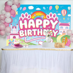 Lofaris Pink Cartoon Birthday Backdrop with Castle and Rainbow for Girls, Cute Animal Paw Print Photography Background for Kids Party