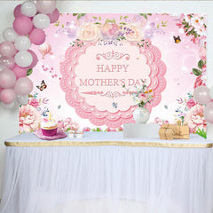Lofaris Pink Floral Happy Mothers Day Backdrop with Butterflies Green Grass, Spring Celebration Photography Background for Party Decor