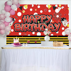 Lofaris Red and Black Polka Dot Birthday Backdrop for Kids Party, Happy Birthday Cartoon Photography Background with Balloons and Flags