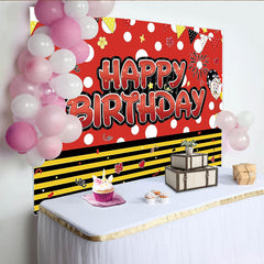 Lofaris Red and Black Polka Dot Birthday Backdrop for Kids Party, Happy Birthday Cartoon Photography Background with Balloons and Flags