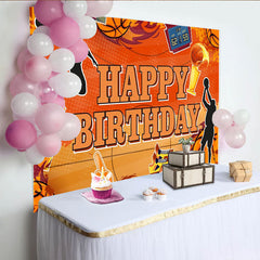 Lofaris Orange Basketball Happy Birthday Backdrop with Players and Hoop, Sports Themed Party Background for Boys and Girls Photoshoot