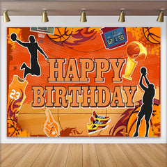 Lofaris Orange Basketball Happy Birthday Backdrop with Players and Hoop, Sports Themed Party Background for Boys and Girls Photoshoot