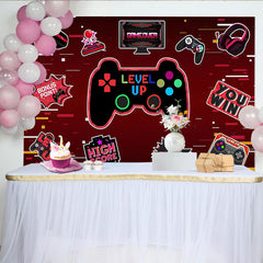 Lofaris Red Gaming Level Up Birthday Backdrop with Game Controller and Neon Lights, Fun Party Background for Kids Photoshoot
