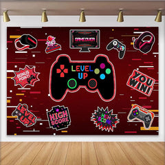 Lofaris Red Gaming Level Up Birthday Backdrop with Game Controller and Neon Lights, Fun Party Background for Kids Photoshoot