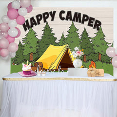 Lofaris Happy Camper Camping Photography Backdrop with Tent and Trees, Outdoor Adventure Theme Photo Background for Studio Photoshoot