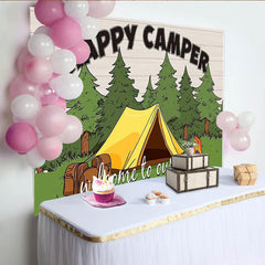 Lofaris Happy Camper Camping Photography Backdrop with Tent and Trees, Outdoor Adventure Theme Photo Background for Studio Photoshoot