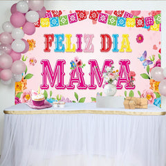 Lofaris Vibrant Floral Mothers Day Backdrop with Papel Picado Banners and Butterflies, Festive Photo Background for Family Celebration