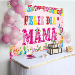 Lofaris Vibrant Floral Mothers Day Backdrop with Papel Picado Banners and Butterflies, Festive Photo Background for Family Celebration