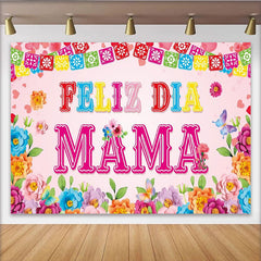 Lofaris Vibrant Floral Mothers Day Backdrop with Papel Picado Banners and Butterflies, Festive Photo Background for Family Celebration