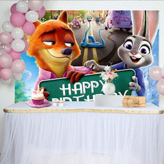 Lofaris Happy Birthday Cartoon Animal Backdrop with City Street Scene, Vibrant Party Background for Kids Celebrations and Photo Booth