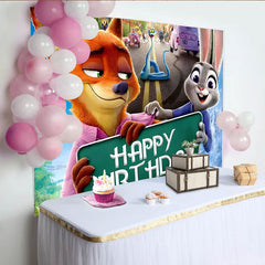 Lofaris Happy Birthday Cartoon Animal Backdrop with City Street Scene, Vibrant Party Background for Kids Celebrations and Photo Booth