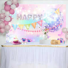 Lofaris Glitter Disco Birthday Backdrop with Pastel Gradient Colors and Sparkling Butterflies, Fun Party Decor for Girls Photoshoot