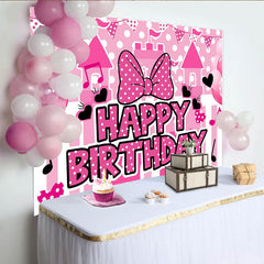 Lofaris Pink Polka Dot Birthday Backdrop with Castle, Balloons and Cute Bow, Party Decor for Girls Photoshoot