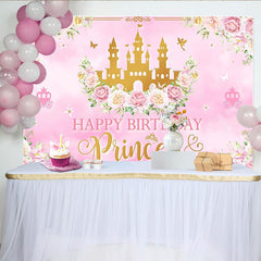 Lofaris Pink Gold Princess Birthday Backdrop with Castle and Flowers for Girls, Elegant Party Background for Photoshoot Decoration