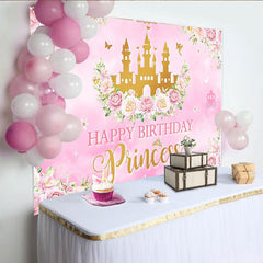 Lofaris Pink Gold Princess Birthday Backdrop with Castle and Flowers for Girls, Elegant Party Background for Photoshoot Decoration