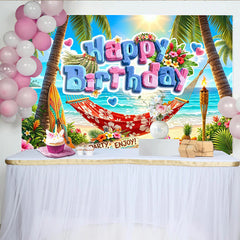 Lofaris Vibrant Tropical Beach Happy Birthday Backdrop with Palm Trees, Summer Party Photography Background for Celebration