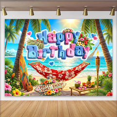 Lofaris Vibrant Tropical Beach Happy Birthday Backdrop with Palm Trees, Summer Party Photography Background for Celebration