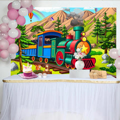 Lofaris Colorful Cartoon Train Birthday Backdrop with Mountains and Rainbow, Cute Squirrels Photo Background for Kids Party Decoration