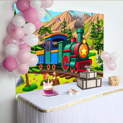 Lofaris Colorful Cartoon Train Birthday Backdrop with Mountains and Rainbow, Cute Squirrels Photo Background for Kids Party Decoration