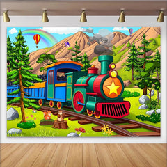 Lofaris Colorful Cartoon Train Birthday Backdrop with Mountains and Rainbow, Cute Squirrels Photo Background for Kids Party Decoration