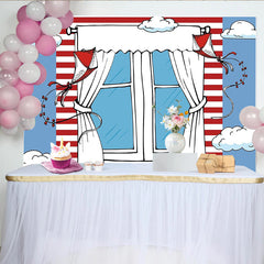 Lofaris Whimsical Cartoon Window Photography Backdrop with Red and White Stripes, Blue Sky and Kites, for Children's Photoshoot