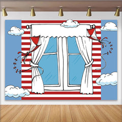 Lofaris Whimsical Cartoon Window Photography Backdrop with Red and White Stripes, Blue Sky and Kites, for Children's Photoshoot