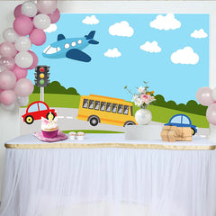 Lofaris Vibrant Cartoon Vehicles Photography Backdrop with Airplane and School Bus, Colorful Road Scene Background for Kids Photoshoot