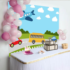 Lofaris Vibrant Cartoon Vehicles Photography Backdrop with Airplane and School Bus, Colorful Road Scene Background for Kids Photoshoot