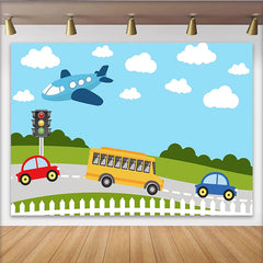 Lofaris Vibrant Cartoon Vehicles Photography Backdrop with Airplane and School Bus, Colorful Road Scene Background for Kids Photoshoot