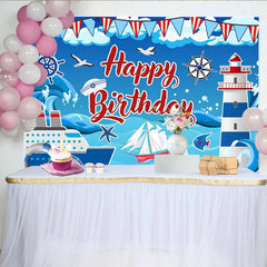 Lofaris Red and Blue Nautical Birthday Backdrop for Kids Party, Ocean Theme Lighthouse and Ship Photography Background