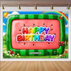 Lofaris Colorful Watermelon Cartoon Birthday Backdrop with Rainbow and Ladybugs, Vibrant Party Background for Kids Photoshoot and Celebration