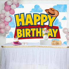 Lofaris Cartoon Cloud Cowboy Happy Birthday Backdrop with Western Hat, Kids Party Photography Background for Studio Photoshoot