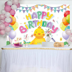 Lofaris Cute Cartoon Chick Happy Birthday Backdrop with Colorful Balloons and Cake, Festive Party Decoration for Kids Photoshoot