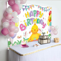 Lofaris Cute Cartoon Chick Happy Birthday Backdrop with Colorful Balloons and Cake, Festive Party Decoration for Kids Photoshoot