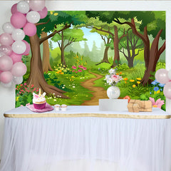 Lofaris Cartoon Forest Photography Backdrop with Winding Path and Flowers, Lush Woodland Background for Kids Party and Studio Photoshoot