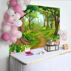 Lofaris Cartoon Forest Photography Backdrop with Winding Path and Flowers, Lush Woodland Background for Kids Party and Studio Photoshoot