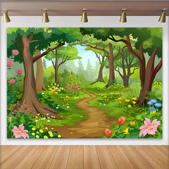 Lofaris Cartoon Forest Photography Backdrop with Winding Path and Flowers, Lush Woodland Background for Kids Party and Studio Photoshoot