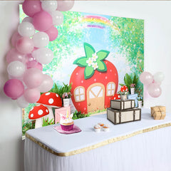 Lofaris Whimsical Strawberry House Photography Backdrop with Red Mushrooms and Green Foliage, Fairy Tale Garden for Kids Photoshoot