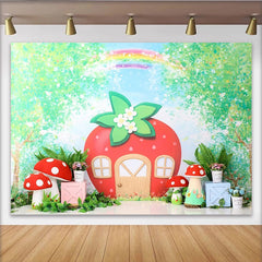 Lofaris Whimsical Strawberry House Photography Backdrop with Red Mushrooms and Green Foliage, Fairy Tale Garden for Kids Photoshoot