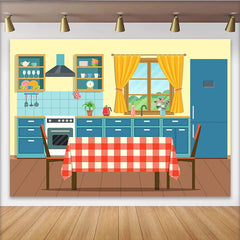Lofaris Vibrant Cartoon Kitchen Photography Backdrop with Red and White Checkered Table, Modern Interior Studio Background for Photoshoot