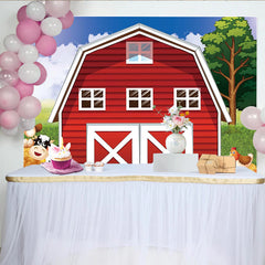 Lofaris Cartoon Farm Photography Backdrop with Red Barn, Cow and Chicken, Green Grass Blue Sky Background for Kids Party Decor