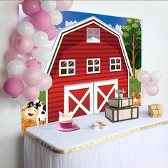 Lofaris Cartoon Farm Photography Backdrop with Red Barn, Cow and Chicken, Green Grass Blue Sky Background for Kids Party Decor
