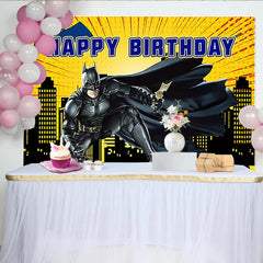 Lofaris Yellow Comic Superhero Birthday Backdrop with City Skyline and Bat Symbol, Action Packed Party Background for Kids