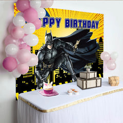 Lofaris Yellow Comic Superhero Birthday Backdrop with City Skyline and Bat Symbol, Action Packed Party Background for Kids